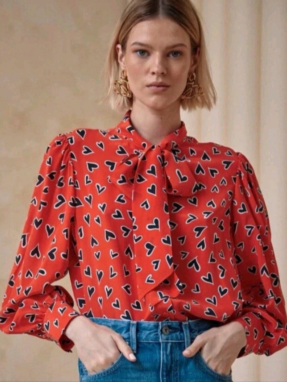 Hunter Bell Red Heart Long Sleeve Tie Neck Blouse Size XS